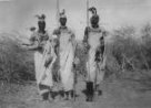 Tři mladí bojovníci kmene Dinka ve slavnostním úboru