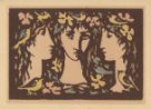 Grafický list - Tři dívčí hlavy s květy a ptáčky