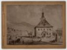 Reprodukce dobové litografie s renesanční radnicí v Jeseníku (cca 1840)