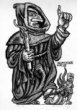 Mnich šlapající po postavě kacíře, nápis Doctrina falsa