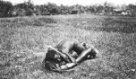 Dva nazí zápasící muži ležící v trávě