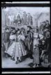 Ikonografický doklad, litografie s vyobrazením skupiny krojovaných postav z Plzeňska, v exteriéru před hostincem, svobodná dívka při tanci mezi postavami všech věkových kategorií. 1. polovina 19. století