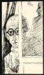 Muž s brýlemi vyhlížející zpoza dveřístraně skica tužkou inv. č. Ilustrace Hořánek 15b