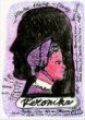 Ženská hlava v čepci na pozadí siluety druhé hlavy, kreslené písmo