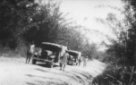 Dva automobily Machulkovy výpravy na cestě v pralese